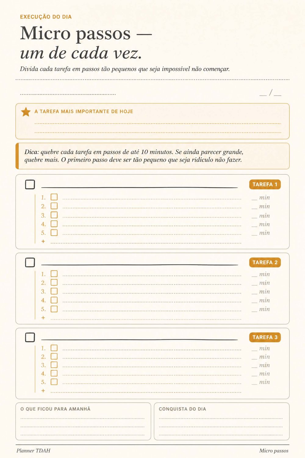 Página do bloco Próximo Passo do Planner Anti-TDAH