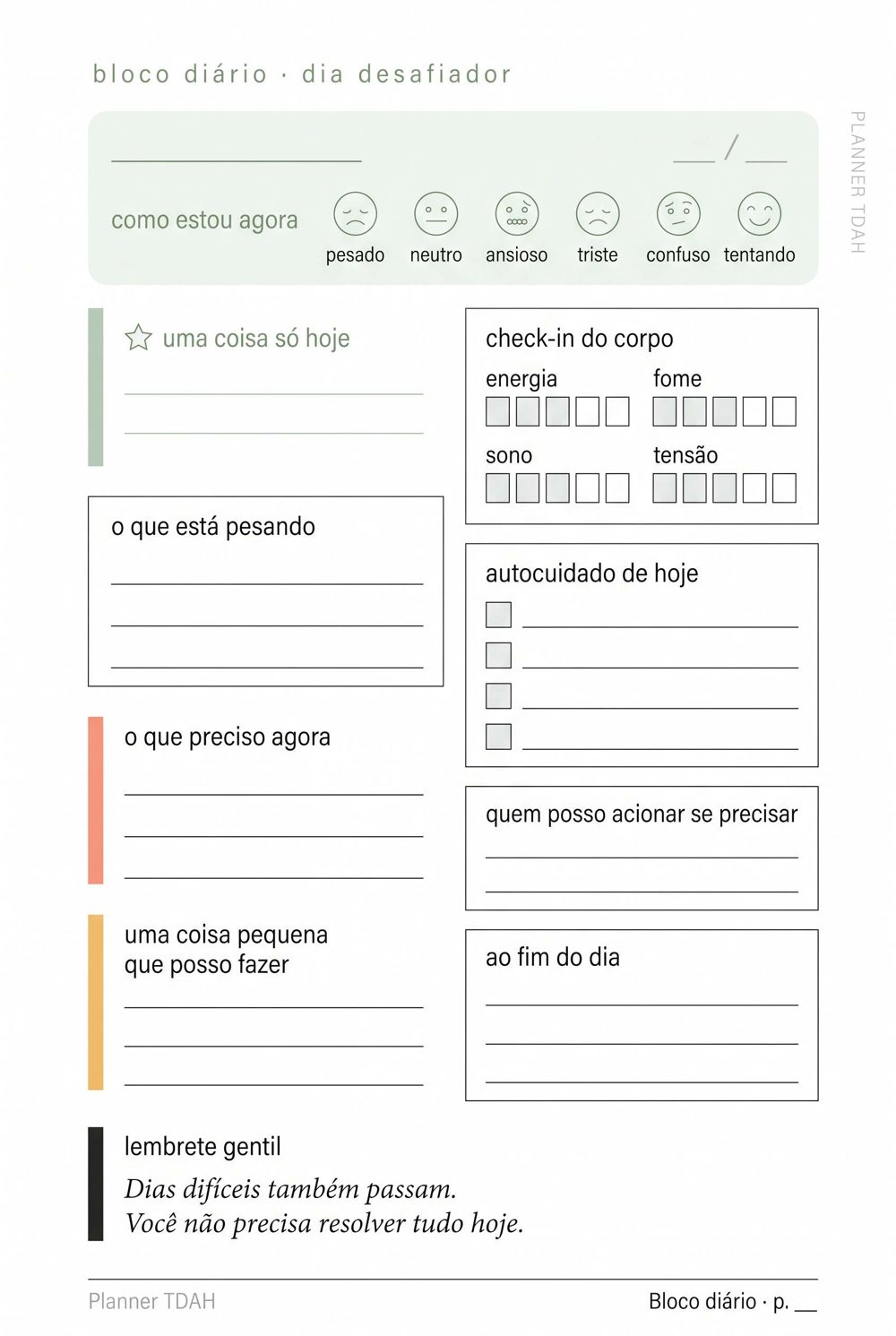 Página de Recomeço do Planner Anti-TDAH