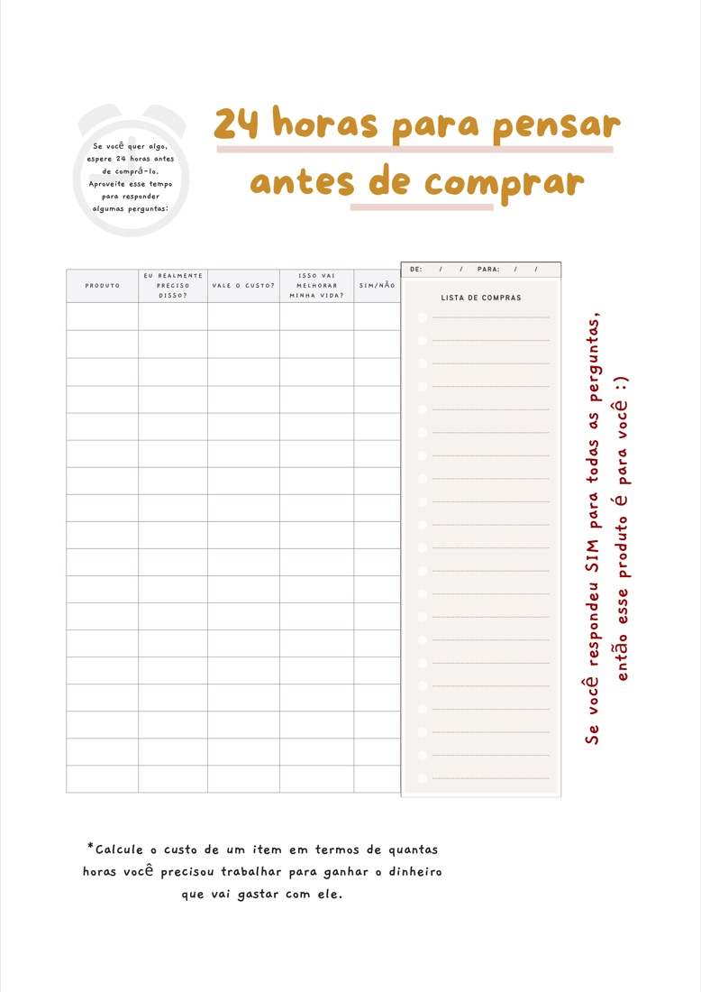 Página 24 Horas para Pensar Antes de Comprar do Planner Anti-TDAH