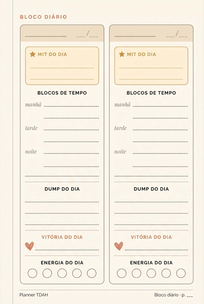 Página do bloco diário do Planner Anti-TDAH