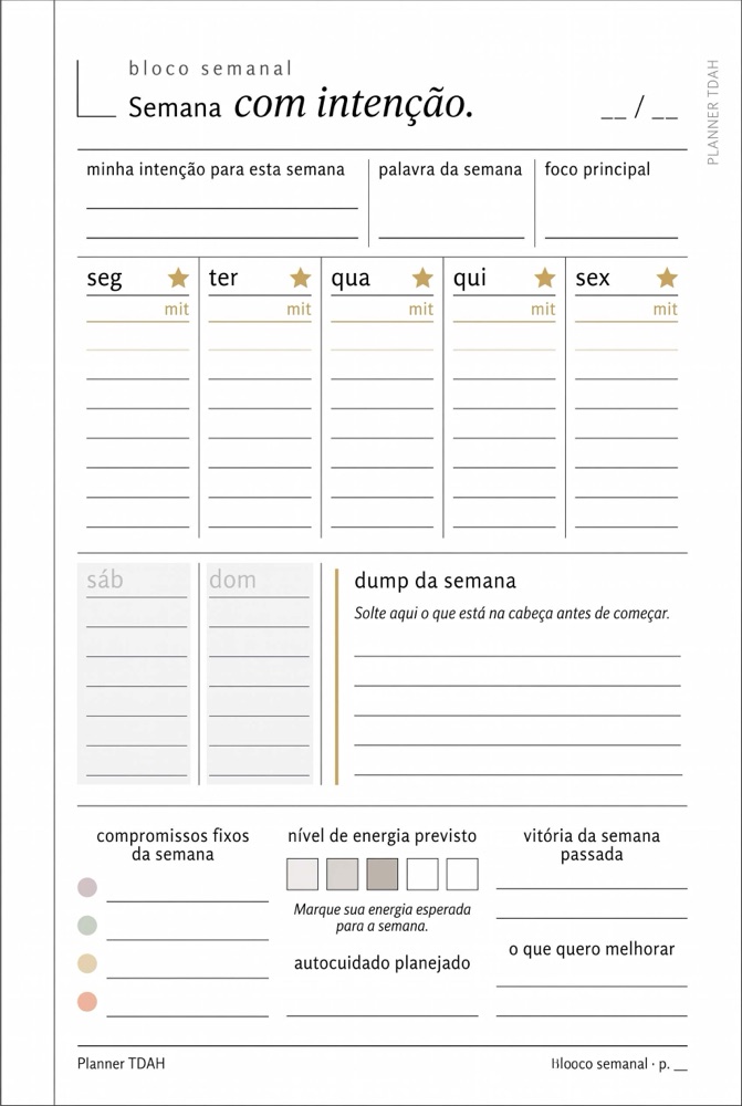 Página da semana com intenção do Planner Anti-TDAH