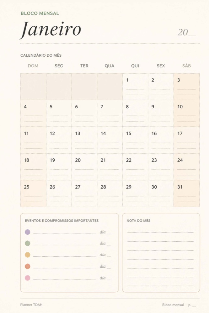 Página do calendário do mês do Planner Anti-TDAH