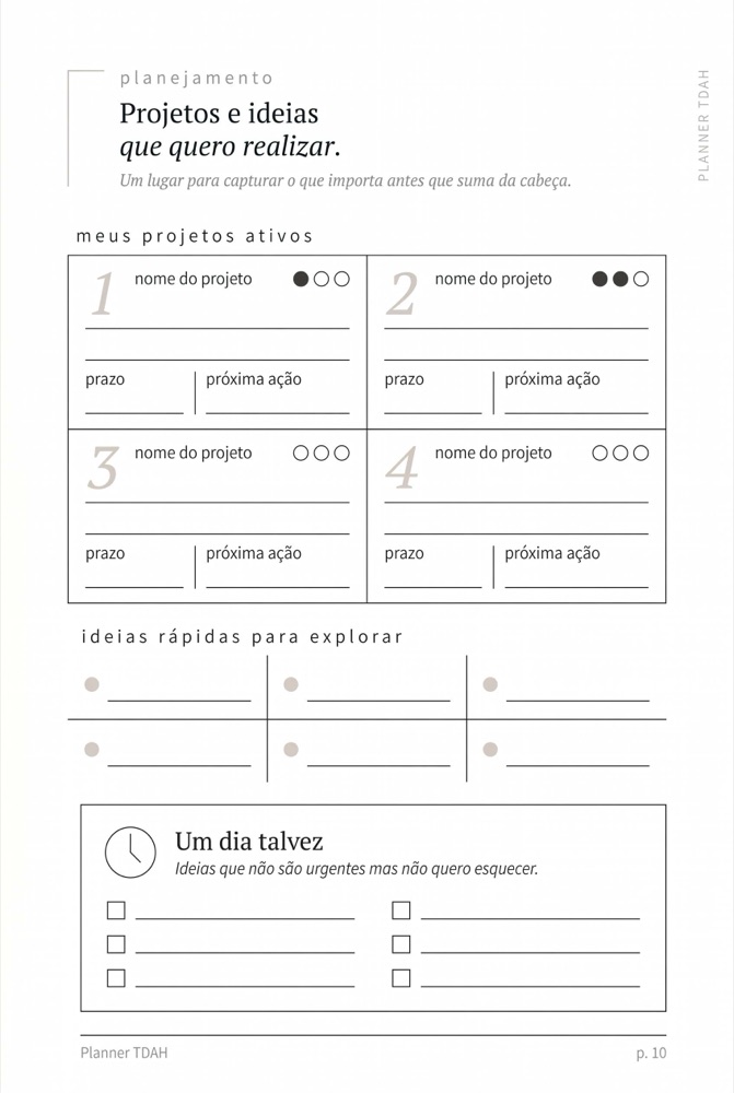 Página de projetos e ideias do Planner Anti-TDAH