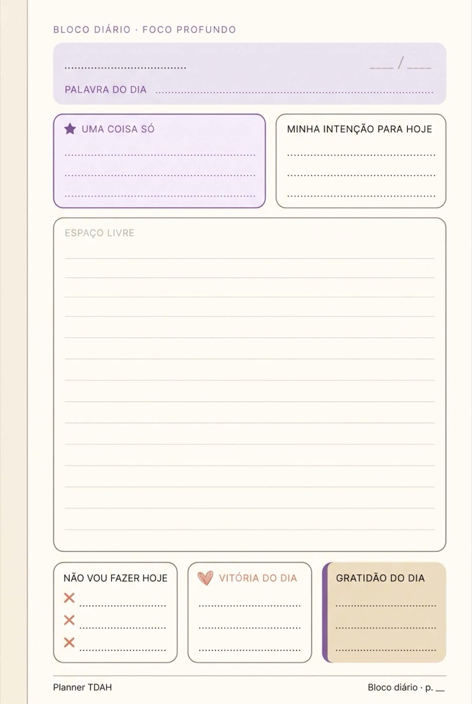 Página de foco profundo do Planner Anti-TDAH