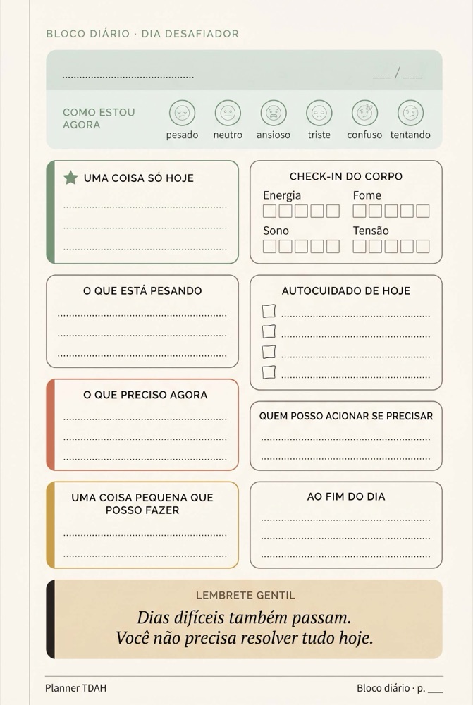 Página do dia desafiador do Planner Anti-TDAH