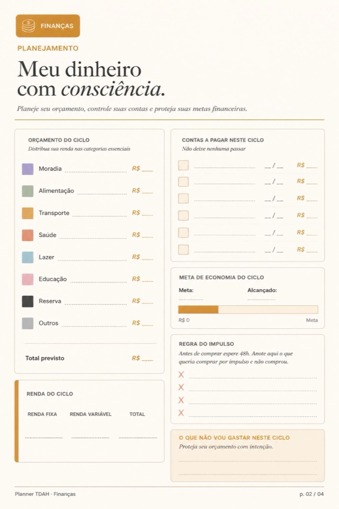 Página de finanças e orçamento do Planner Anti-TDAH