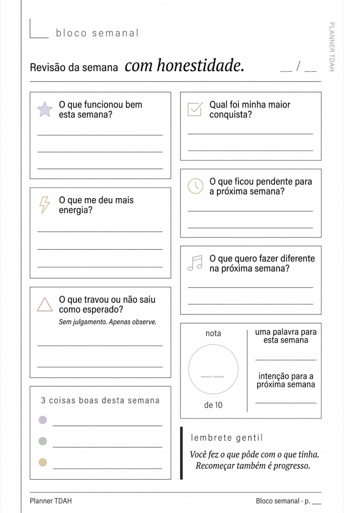 Página de revisão da semana do Planner Anti-TDAH