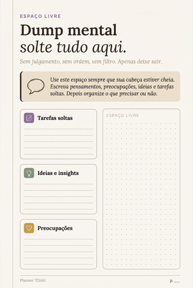 Página de dump mental do Planner Anti-TDAH